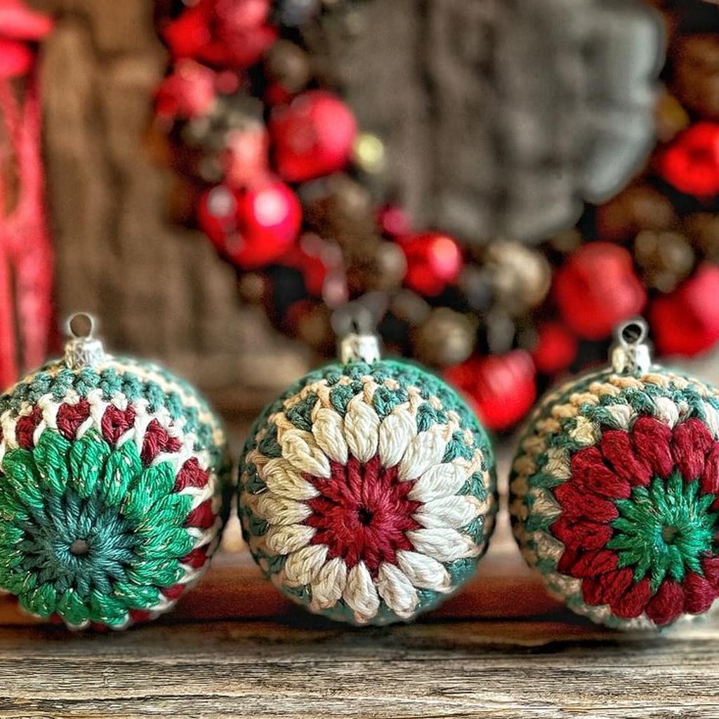 Bolas de crochê coloridas com padrões de Natal