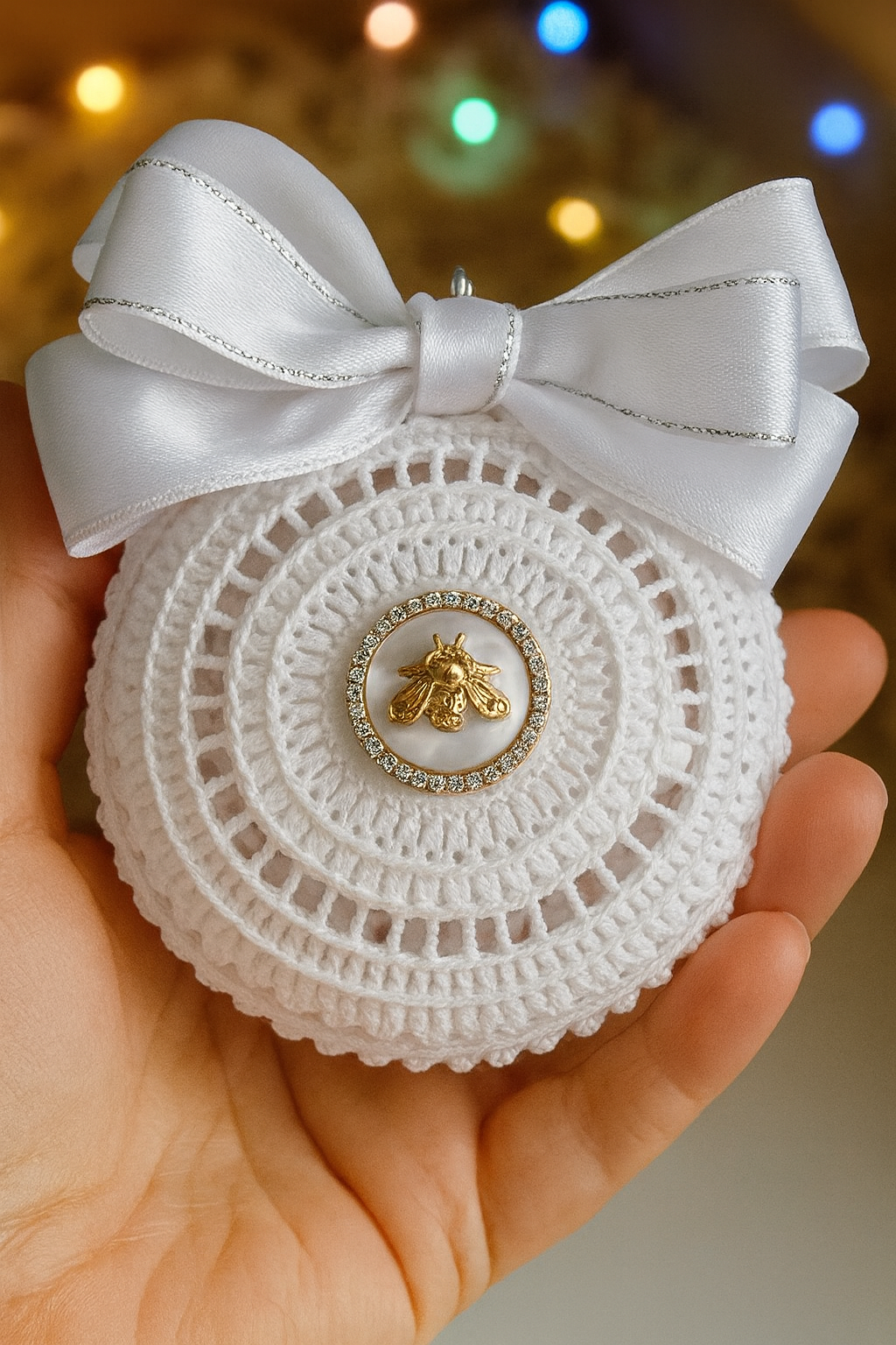 Bola branca com laço e detalhe dourado